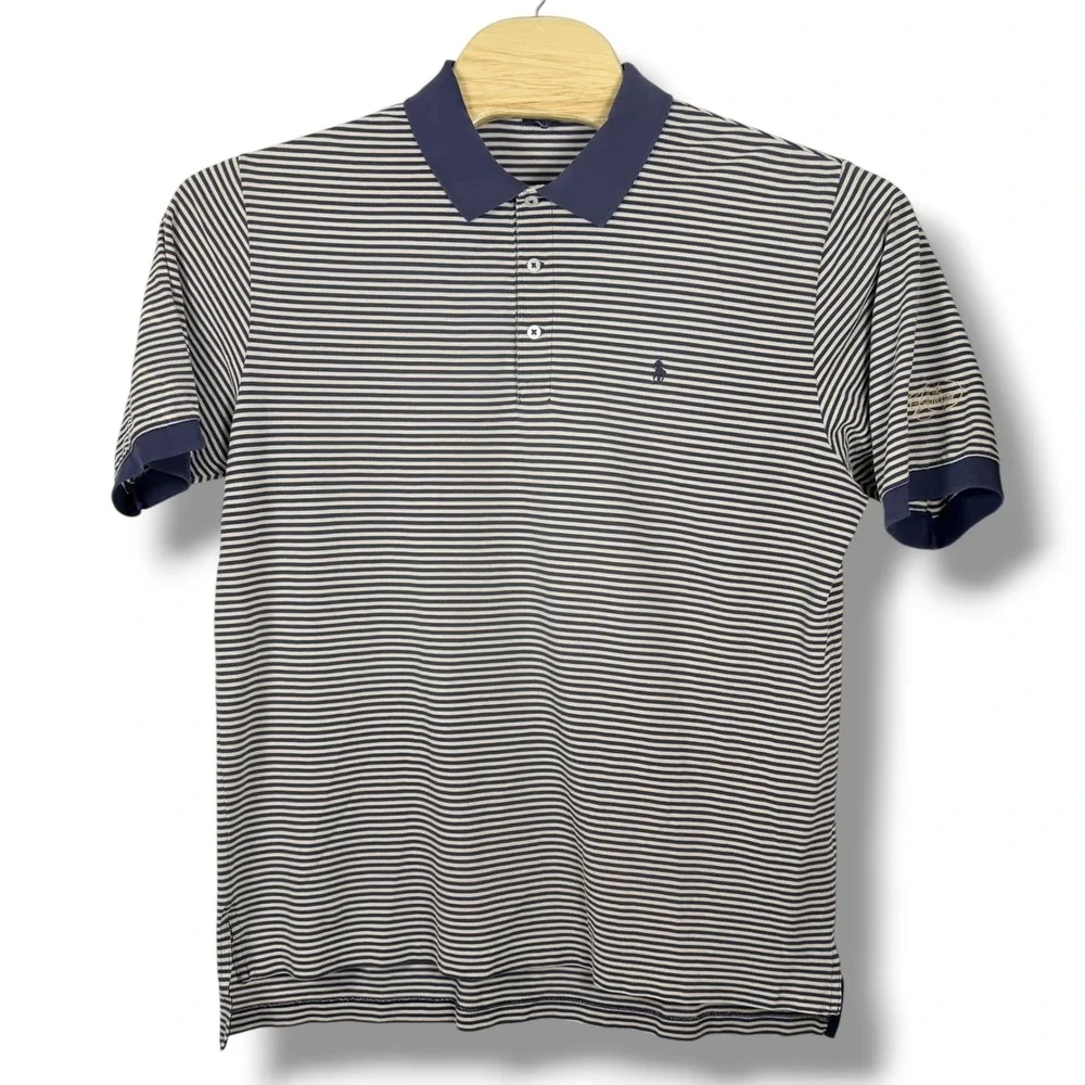 Vintage Polo Golf Ralph Lauren Polo Shirt‎ Mens Large Navy Tan Stripe Pima Pony